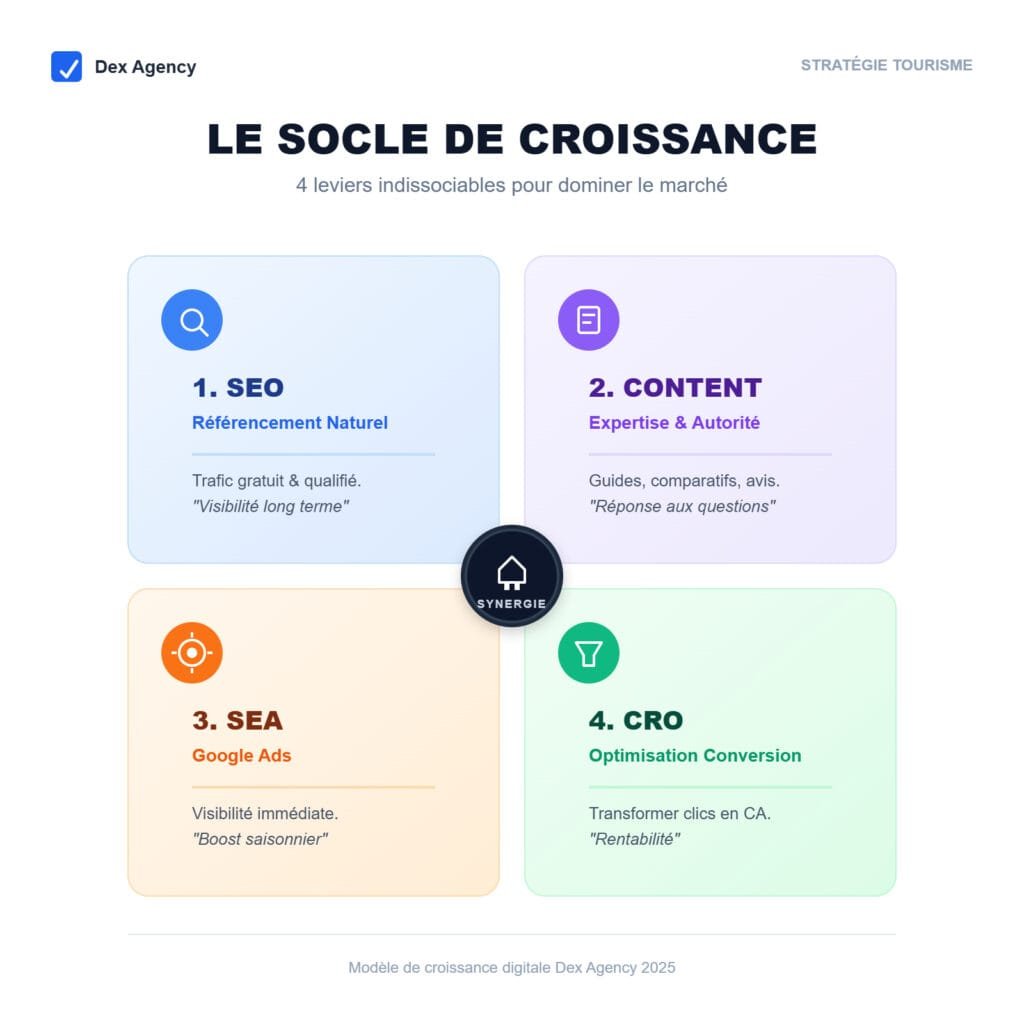 les 4 piliers : SEO, Content, SEA, CRO.