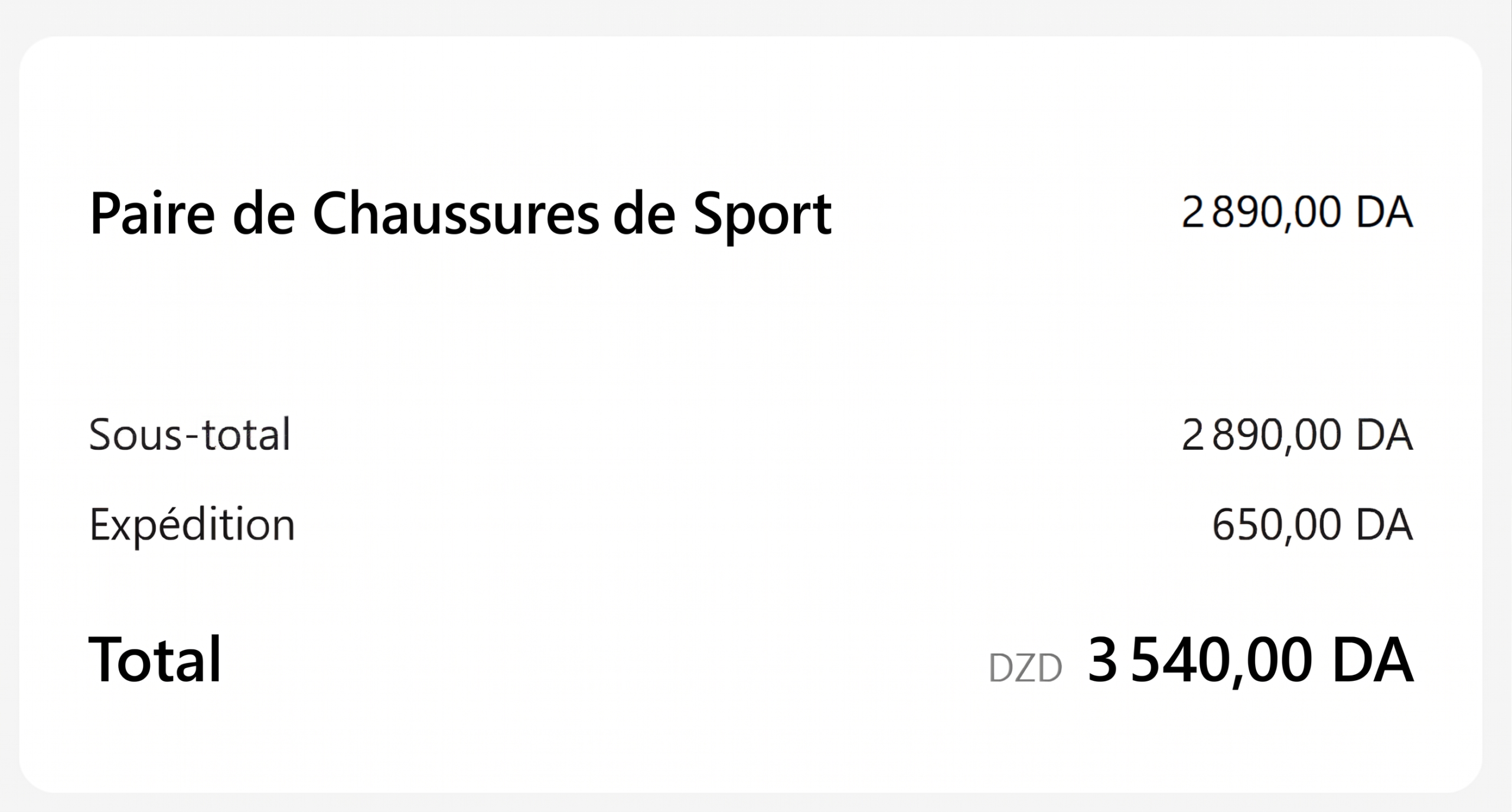 Récapitulatif de commande e-commerce affichant le sous-total, les frais de livraison dynamiques et le montant total TTC pour une commande en paiement à la livraison.