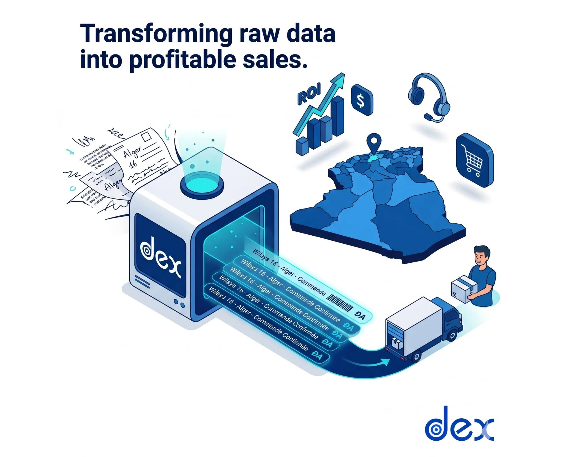 Infographie dex agence montrant la transformation de données e-commerce brutes en commandes confirmées et livrées en Algérie, avec un focus sur l'optimisation du Cash on Delivery (COD) et l'augmentation du ROI.