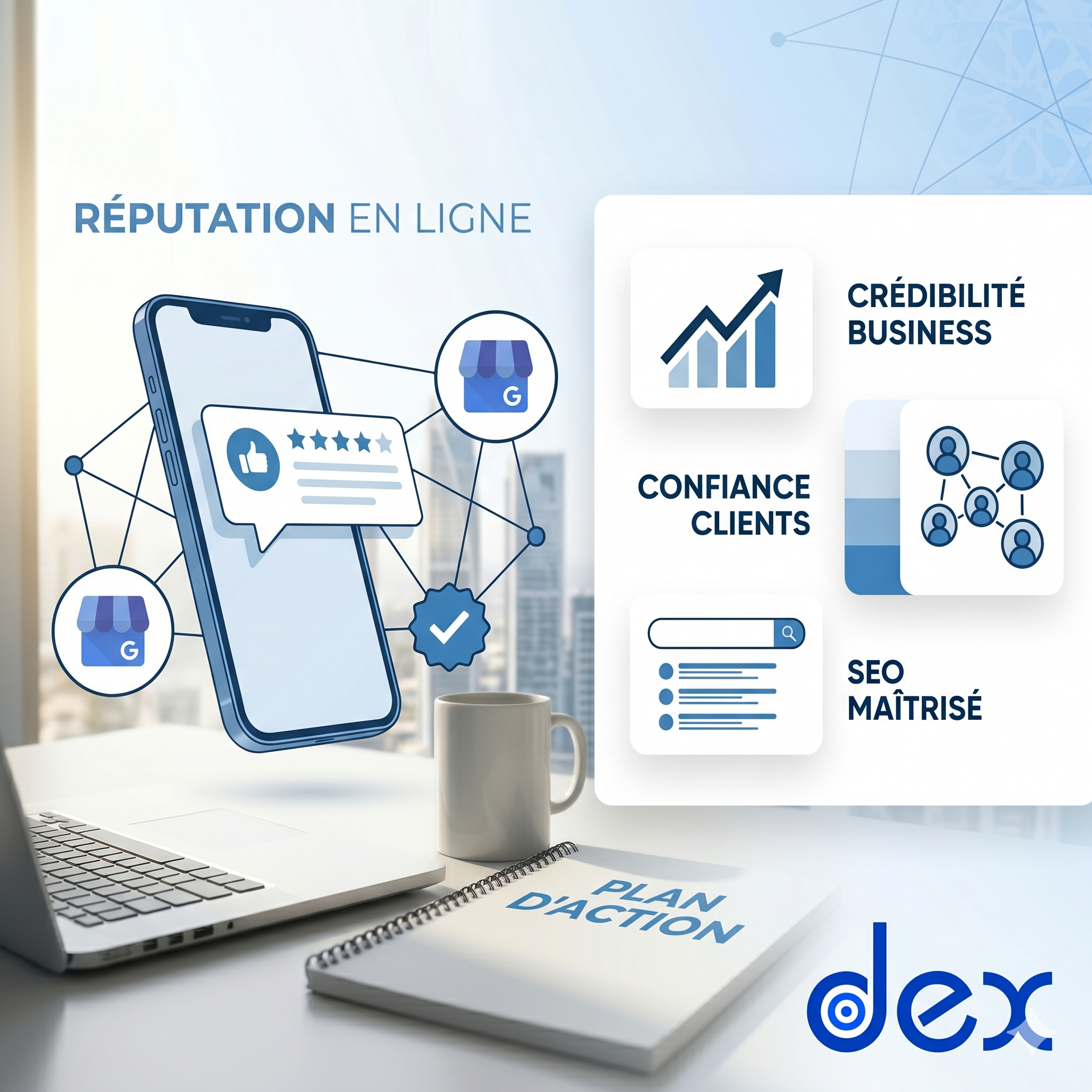 Stratégie d'e-réputation pour entreprise en Algérie par dex Agence, incluant la gestion des avis Google, le SEO maîtrisé et la crédibilité business.